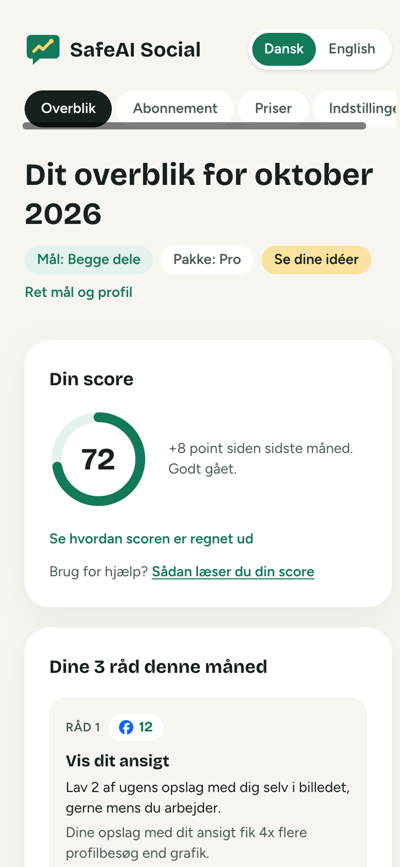SafeAI Social på mobil med score og månedens råd