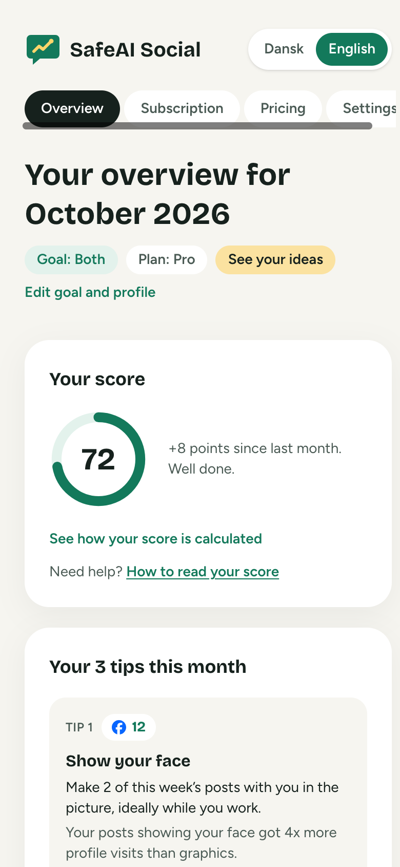 SafeAI Social on mobile with score and this month’s tips